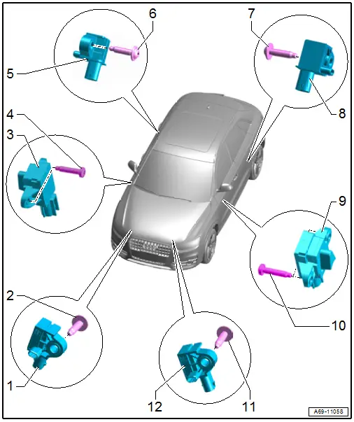 Audi Q3. Component Location Overview - Airbag Crash Sensors, USA and Canada Market-Specific