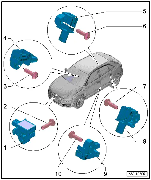 Audi Q3. Component Location Overview - Airbag Crash Sensors, Not USA and Canada Market-Specific