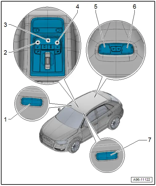 Audi Q3. Component Location Overview - Roof Trim Panel Lamps