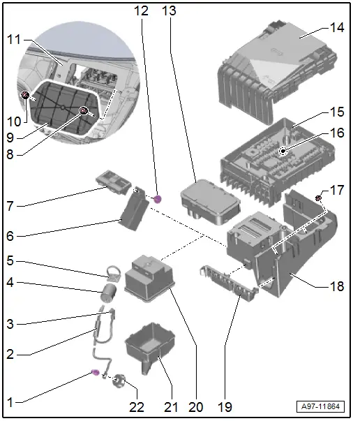 Audi Q3. Overview - E-box, Wire Junction, Fuse Panel, Suppressor