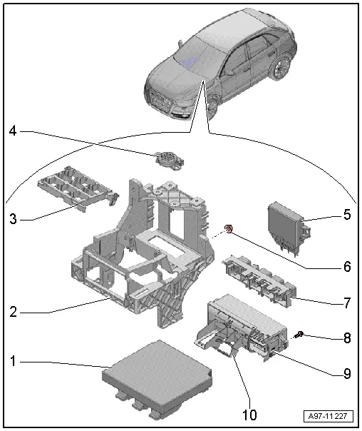 Audi Q3. Overview - Instrument Panel Relay Carrier/Fuse Carrier and A-Pillar Relay Carrier/Fuse Carrier