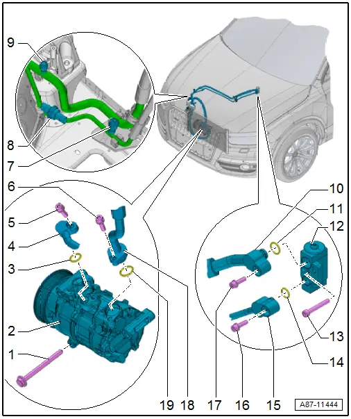 Audi Q3. Overview - Condenser, A/C Compressor, Expansion Valve, Refrigerant Line