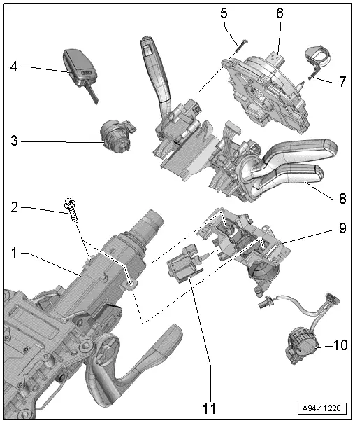 Audi Q3. Steering Column Switch Module Assembly Overview, with Mechanical Ignition Switch