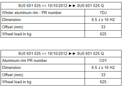 Audi Q3. 6.5 J x 16 Rim 